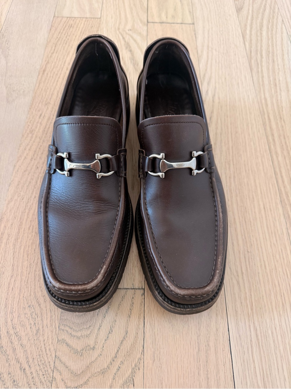 Salvatore Ferragamo Brown Leather Bit Loafers with Silver Hardware